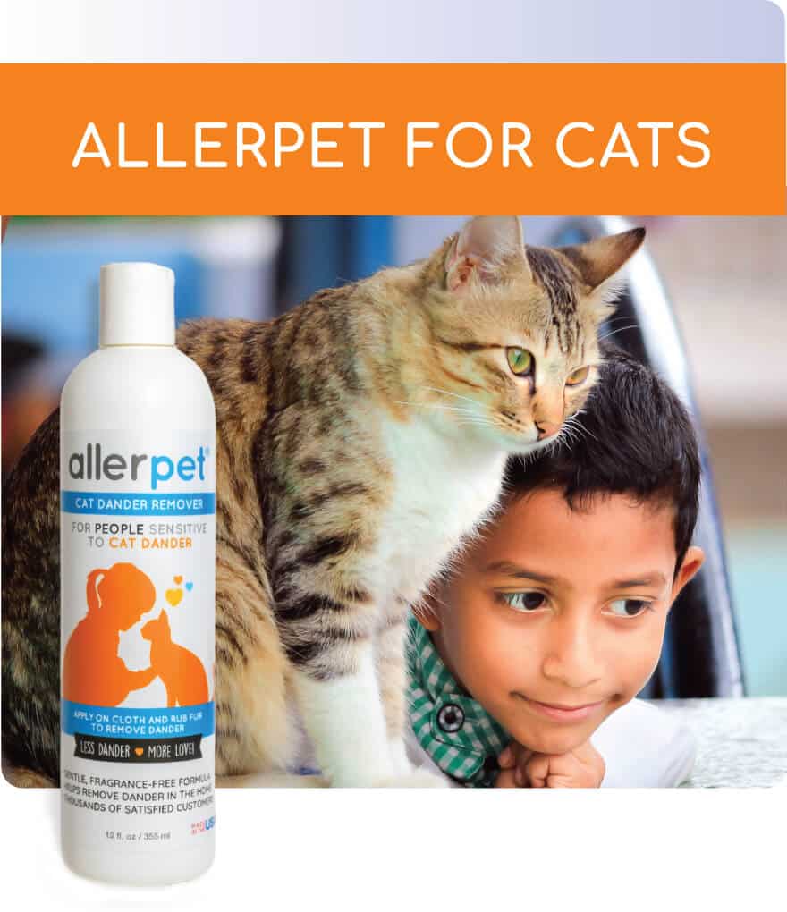 Allerpet for cats dander remover bottle with child and pet cat