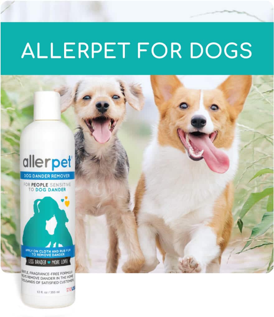 Allerpet for dogs dander remover bottle with two puppies running